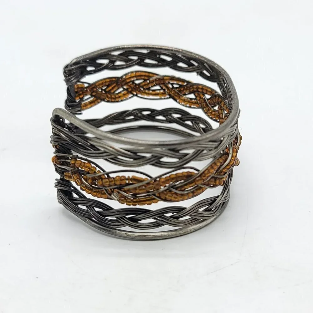 Silver Tone Wire and Amber Bead Braided Bracelet Cuff Vintage
